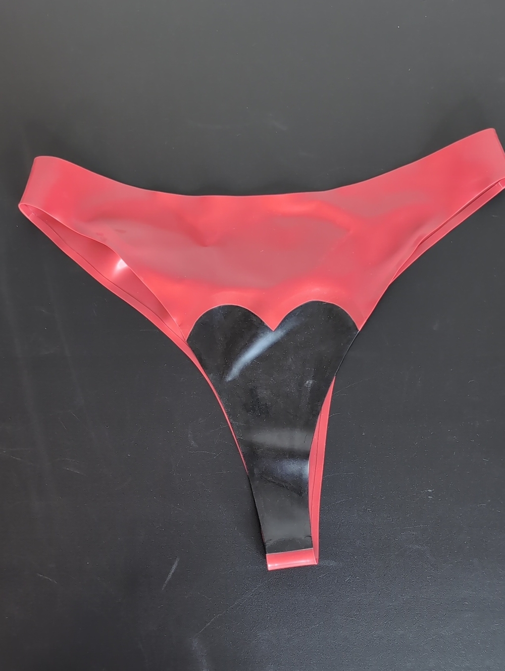 Red and Black Heart-Panel Latex Thong